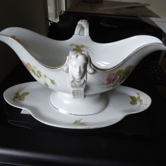 VTG Circa 1920s Rosenthal Empire Gravy Bowl W/ Woman Face Handles & Underplate - Picture 2 of 16